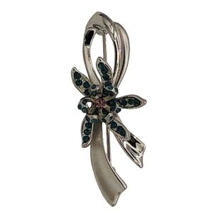 Vintage 1980s Silvertone Ribbon Pink Blue Crystal Rhinestone Orchid Brooch Pin